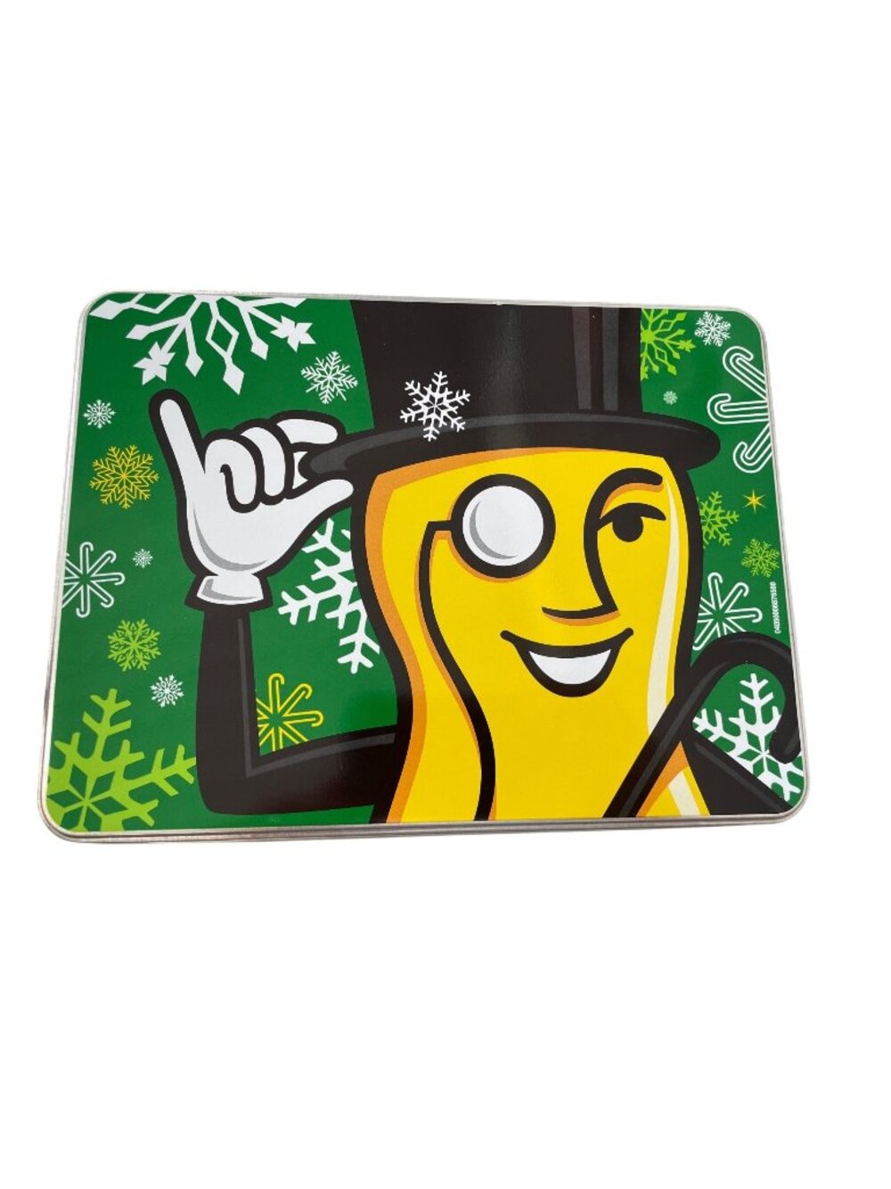 Vintage Mr. Peanut Planters Nuts Christmas Tin Green Steel Collectible Snowflake